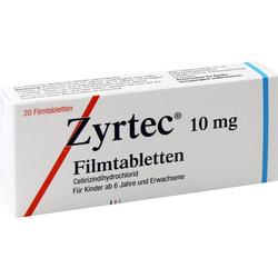 Schachtel mit 20 Tabletten Zyrtec 10 mg für Kinder und Erwachsene.