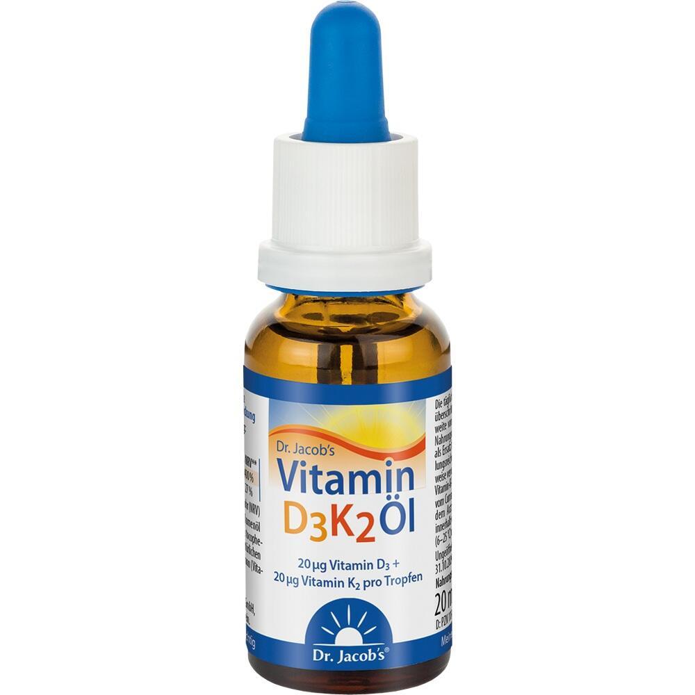 Braunes Fläschchen mit blauer Pipette, auf dem "Vitamin D3K2 Öl" steht.