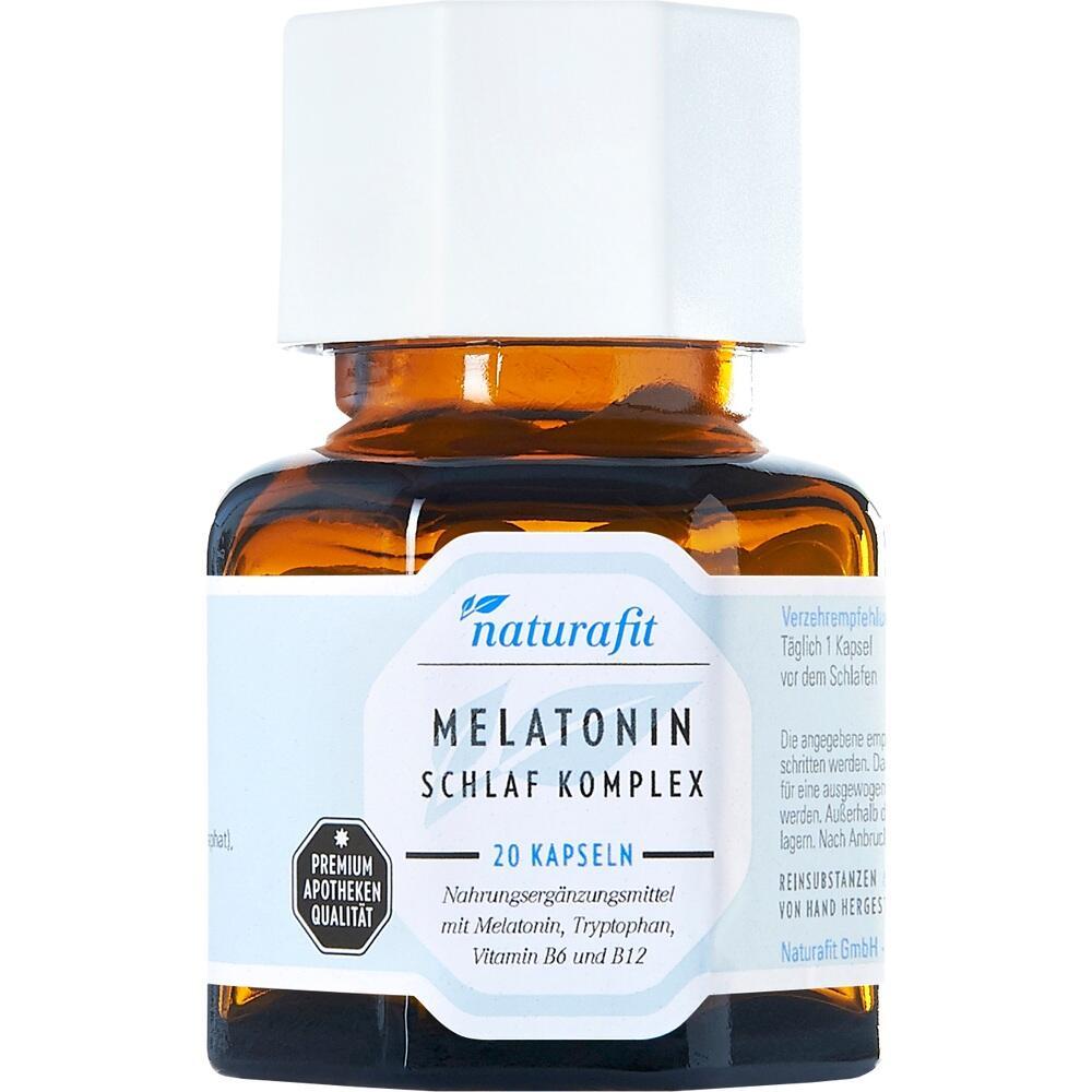 Braunes Fläschchen mit weißem Deckel, darauf steht "Melatonin Schlaf Komplex".