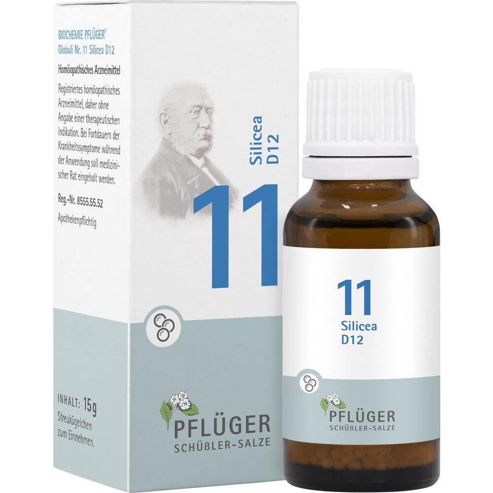 Ein Glasfläschchen mit der Aufschrift "11 Silicea D12" steht vor einer Verpackung.