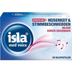 Verpackung von Isla med voice Halspastillen mit Kirschgeschmack zur Linderung von Heiserkeit.
